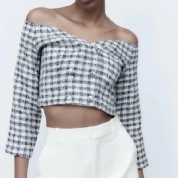 Zara Women XS Blue Plaid Textured Tweed Preppy Off The Shoulder Crop Top - Picture 1 of 12